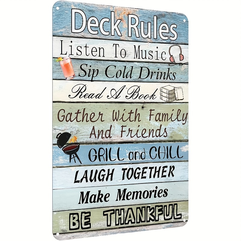 

1pc Deck Rules Metal Sign, For Cave Pool Bar Terrace House Wall Decor Backyard Decor Metal Sign, 8*12 Inch