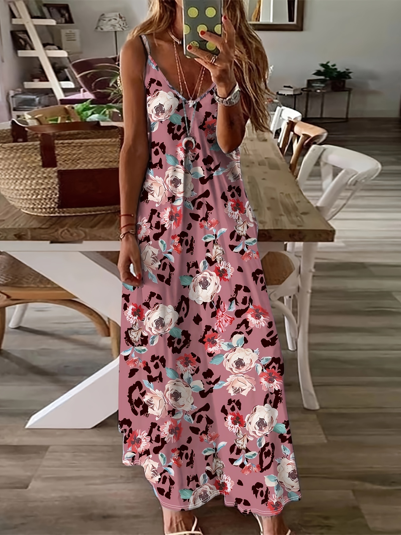 Allover Print V Neck Cami Dress Elegant Sleeveless Loose - Temu