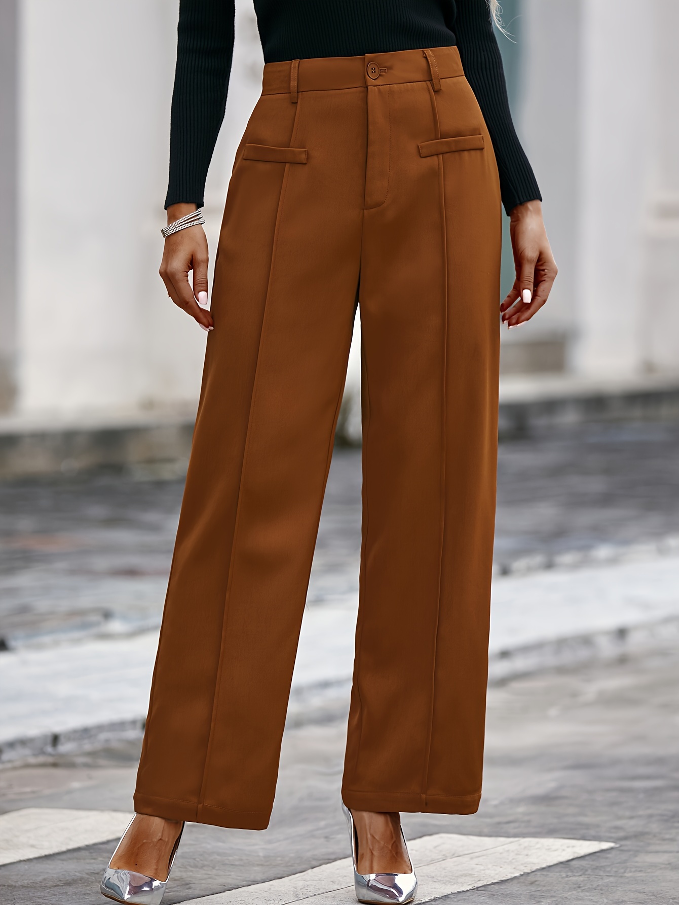 Solid Pocket Tapered Pants, Casual Pleated High Waist Pants, Women's  Clothing