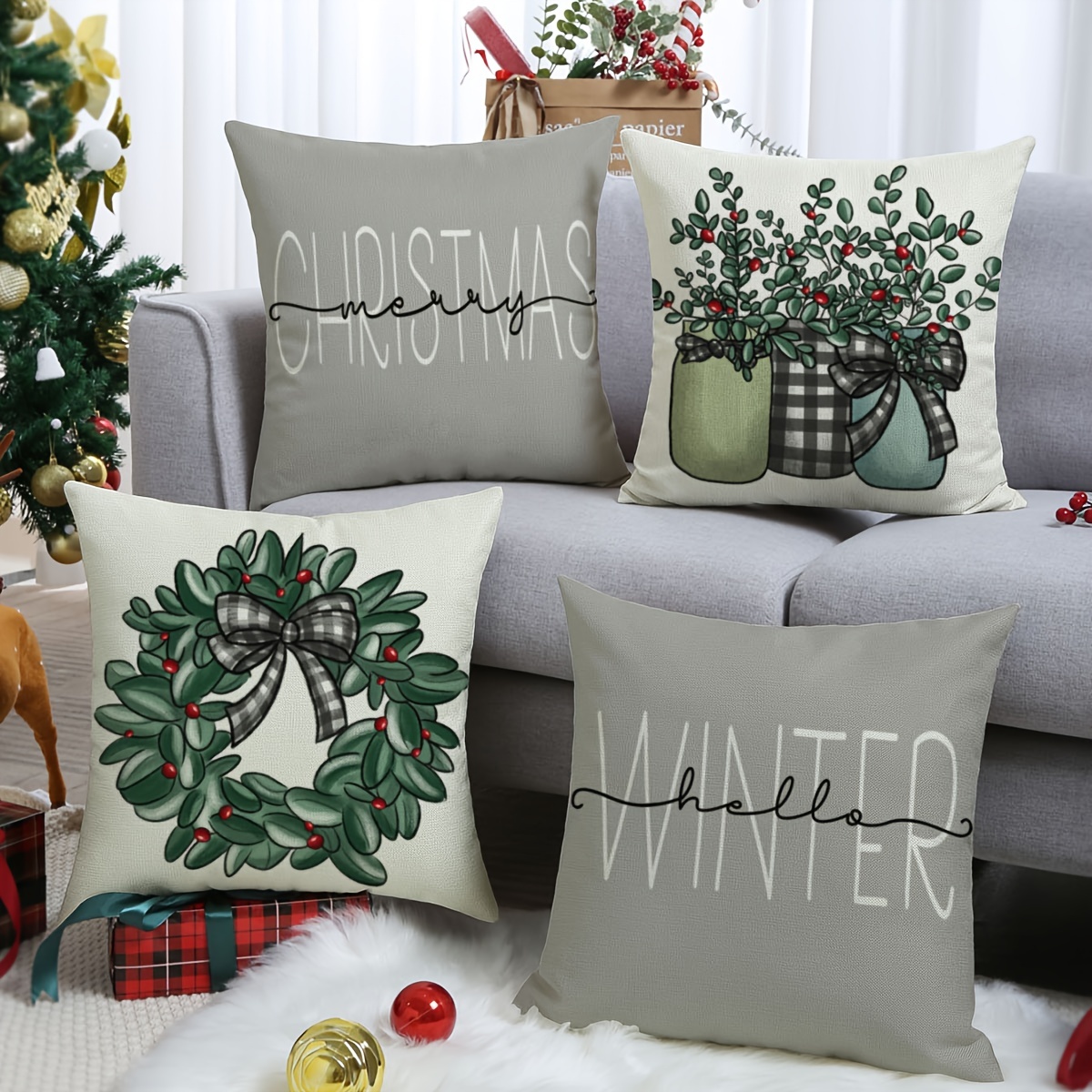 Grey Christmas Pillow Covers, Farmhouse Christmas Decorations,snowman  Reindeer Eucalyptus Truck Winter Holiday Decor Stripes Throw Cushion Cases,  For Couch Sofa Living Room Outdoor,,without Pillow Inserts - Temu