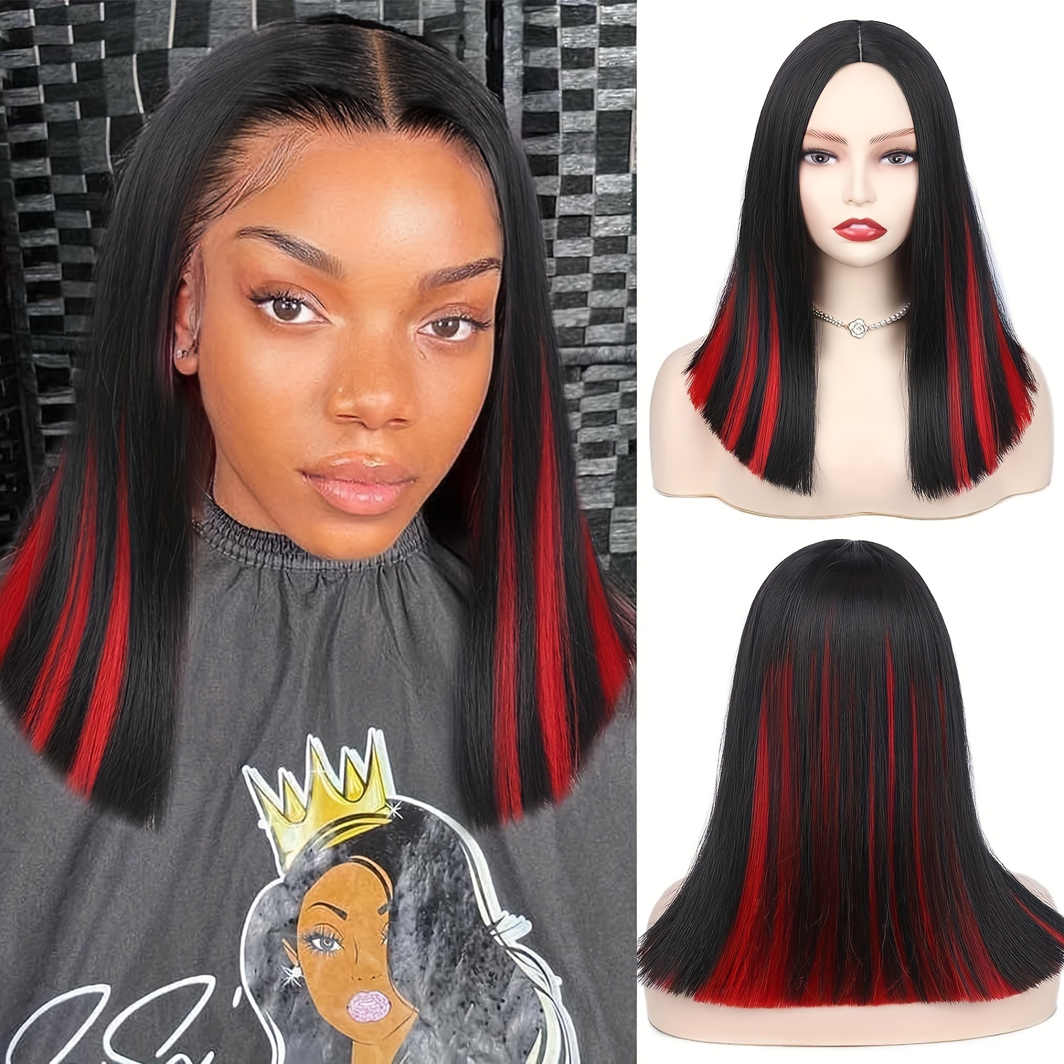 Short Bob Front Red Closure Wig For Women Straight Hair Middle