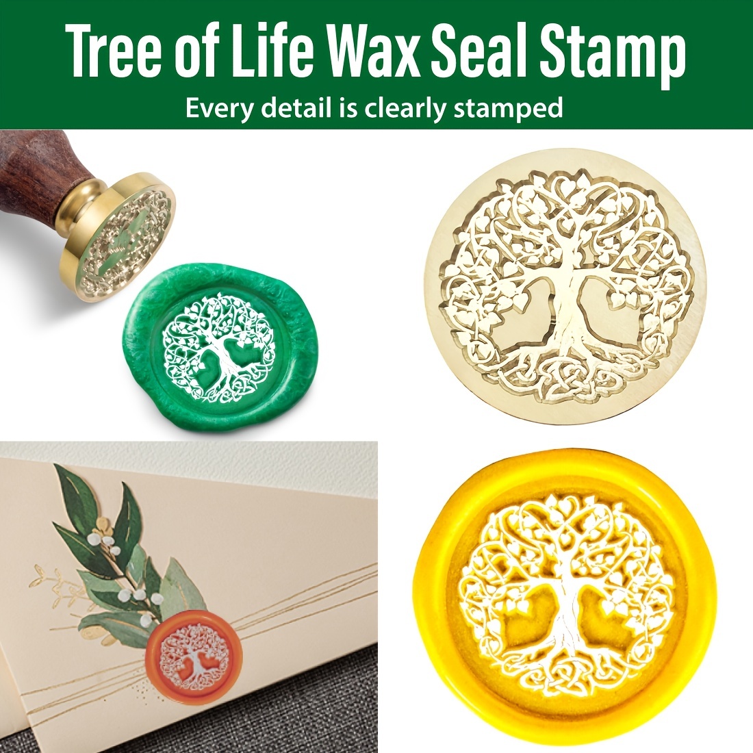 Tree of Life Wax Seal Stamp Sealing Stamper, Small Nature Metal Letter  Sealer with Wooden Handle for DIY Cards Envelopes Invitations Decoration