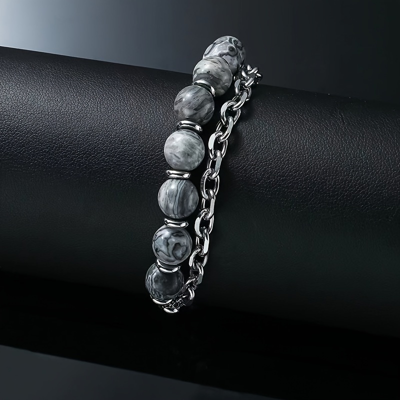 Men's Map Stone & Tiger Eye Stone Bracelet Set