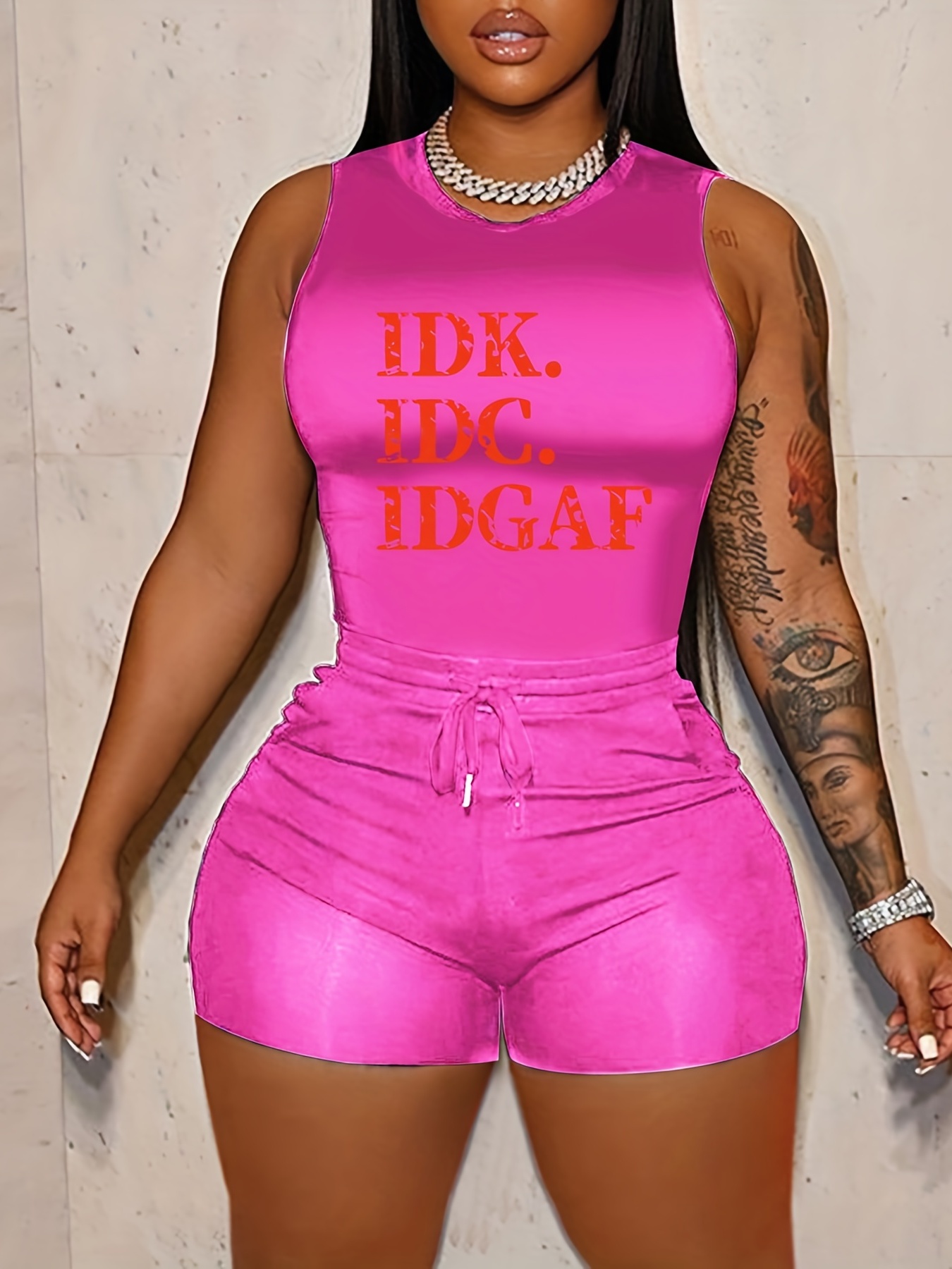 IDGAF Print Two-piece Set, Tank Top & High Waist Casual Shorts 2pcs Outfits  For Summer & Spring, Women's Clothing