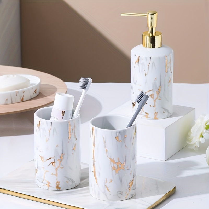 Terramoza Ceramic Bathroom Accessory Set, 5 Pcs - Includes Soap Dispenser,  Toothbrush Cup, Toothbrush Holder, Soap Dish & Candle Holder - Beige, Matte