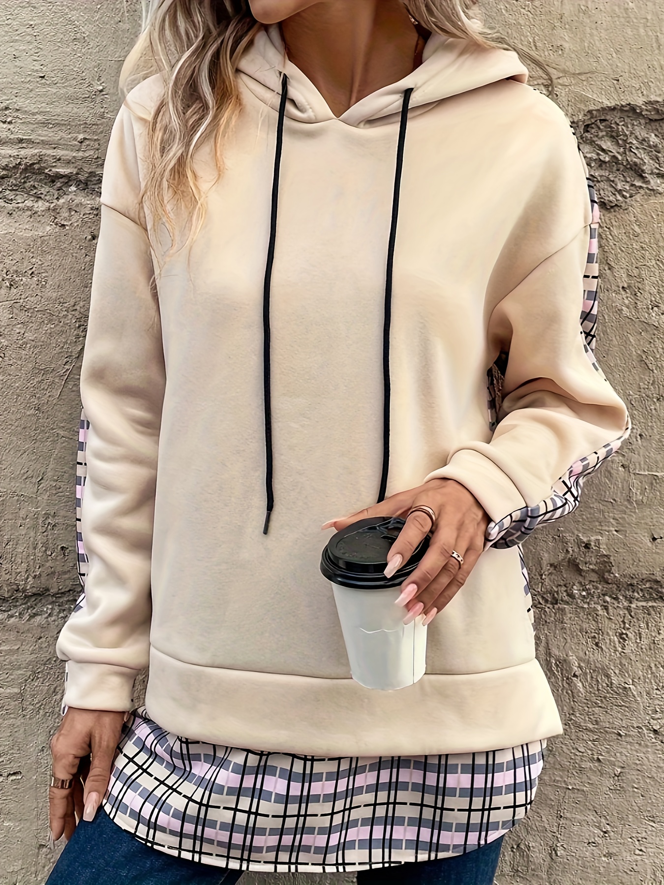 Plaid Print Faux Twinset Drawstring Hoodie Casual Long Temu