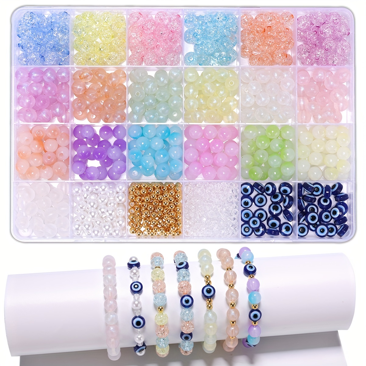 PAXCOO 720pcs 8mm Glass Beads for Jewelry Making, 24 Colors Glass Beads Kit  for Bracelet Making, Round Loose Beads for Bracelet Earring Necklace