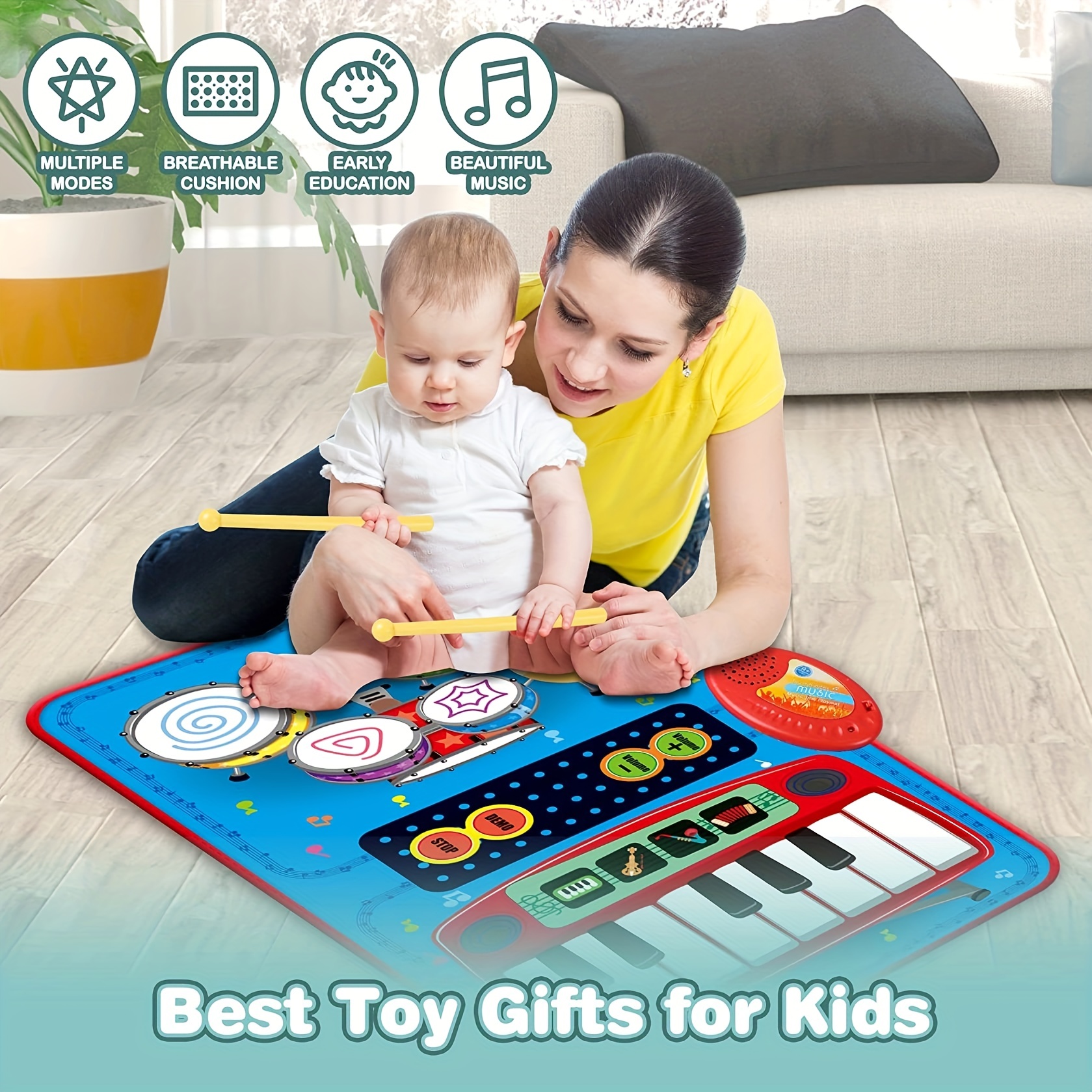 Brinquedos para bebês de 1 ano Meninas, 2 em 1 Brinquedos Musicais, Piano  Infantil e Tapete de tambor eletrônico com 2 varas, cobertor de chão de  aprendizagem, birthda