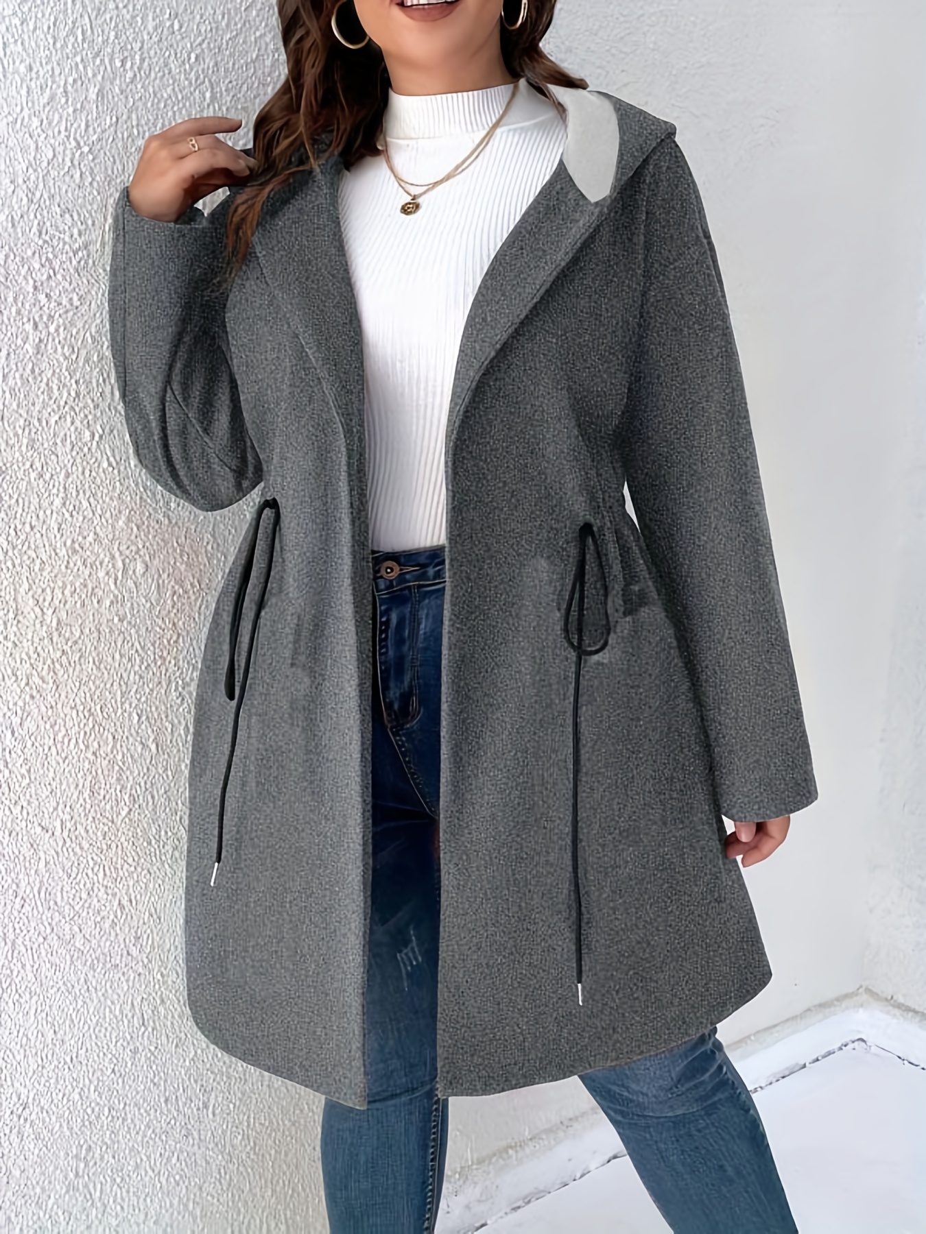 Plus Size Casual Coat, Women's Plus Solid Long Sleeve Hooded Drawstring  Waist Longline Wool Blend Coat