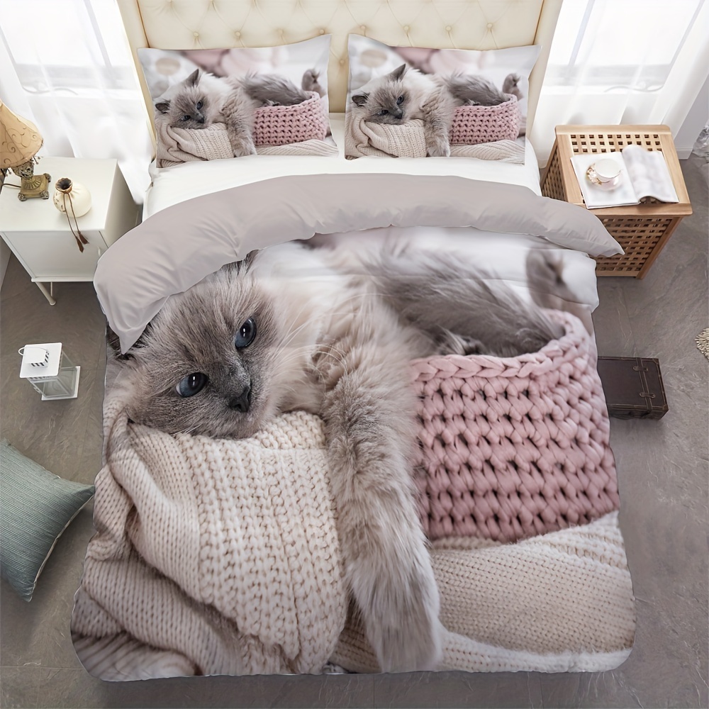 TEMU 2/3pcs Reversible Cat Print Duvet Cover Set, Soft Polyester 100% Bedding With Zipper Closure, Machine Washable, Animal Theme, , Includes 1 Duvet Cover And 1/2 Pillowcases