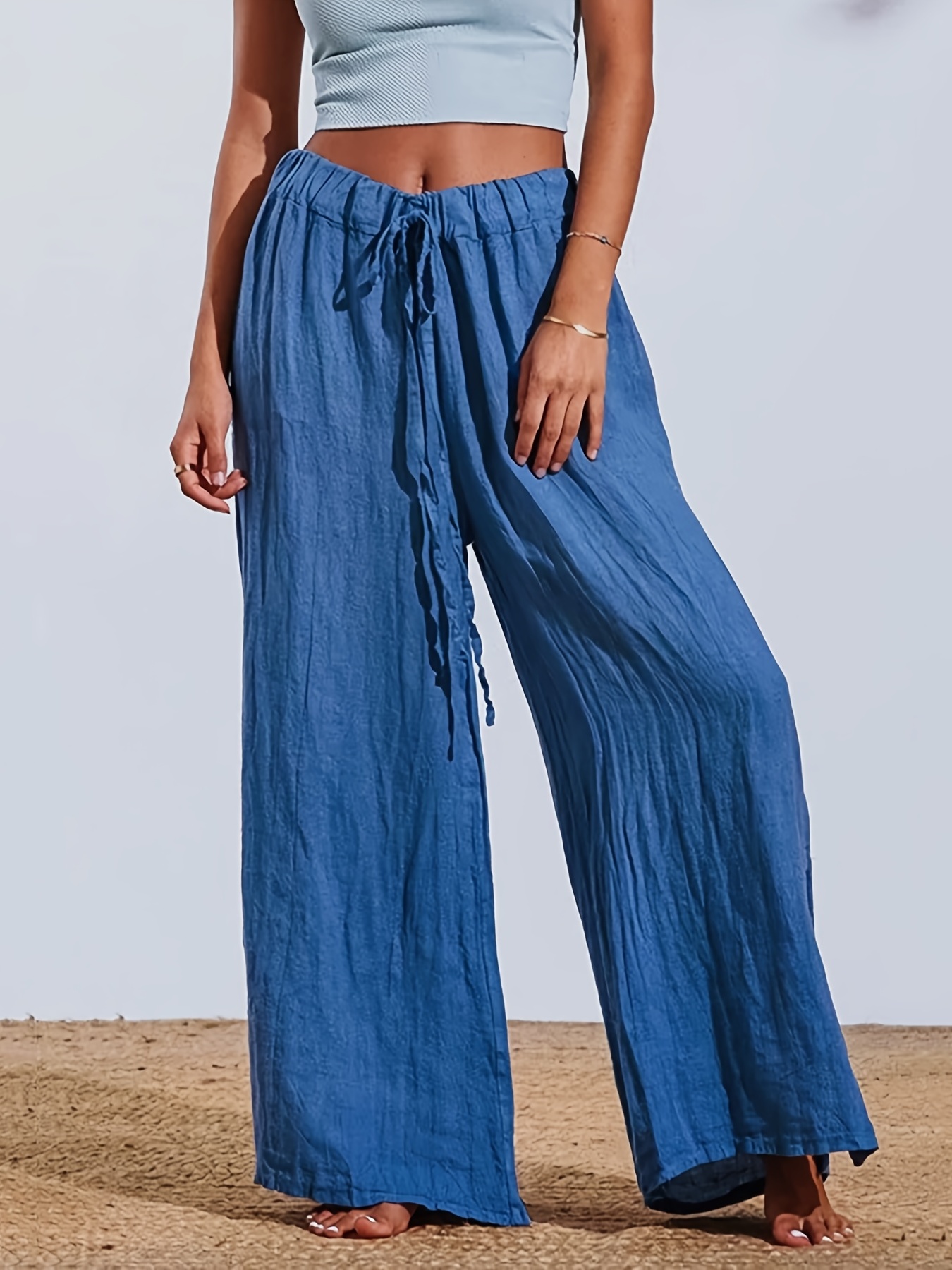 Women Summer Elastic Waist Drawstring Loose Trousers Casual Wide Leg  Bottoms Pants