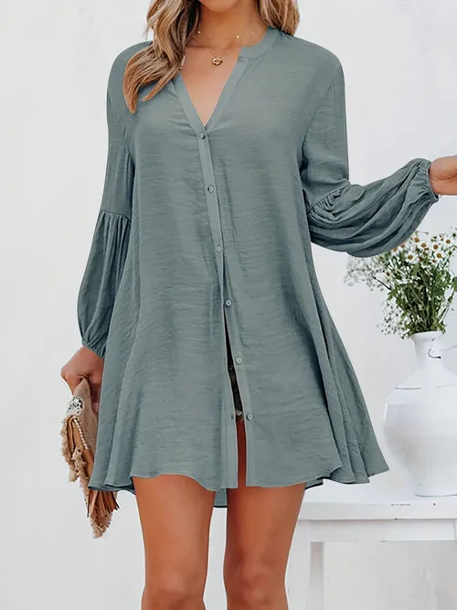 Solid Button Front Blouse Casual V Neck Long Sleeve Blouse Womens ...