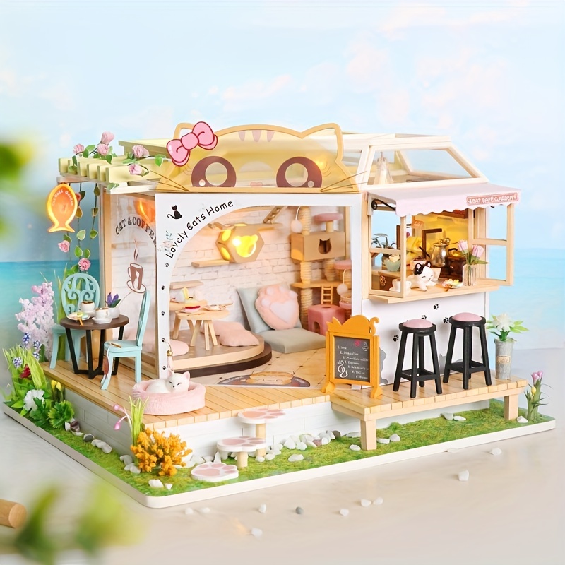  WonDerfulC Cat Cafe Wooden Miniature Dollhouse Kit DIY Pet Cat Coffee  Shop Building Model Accessories with Furniture LED Light Music Box Birthday  (no Dust Cover) : Toys & Games