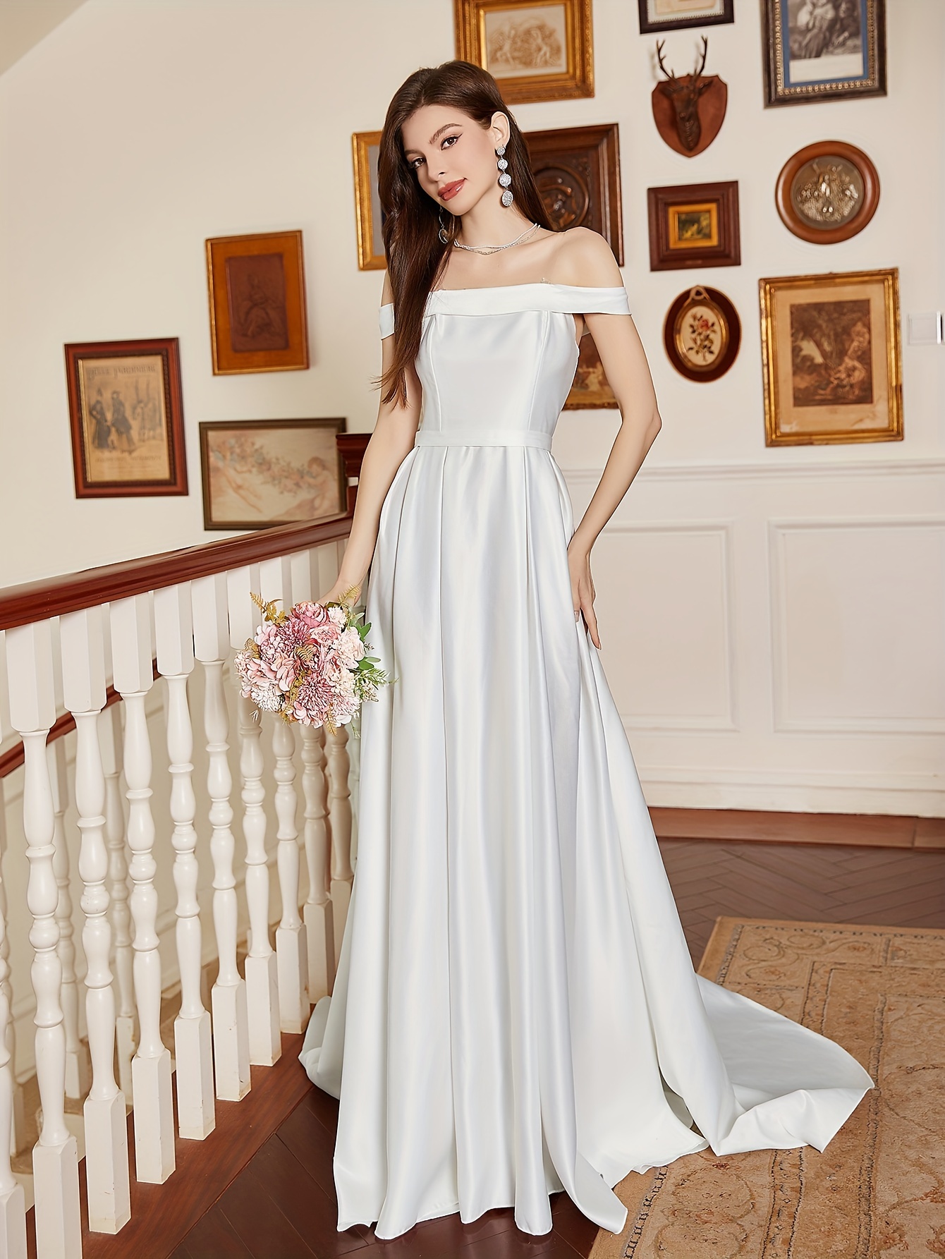 Off Shoulder Gown Wedding Dresses Elegant Solid Ruched - Temu Belgium