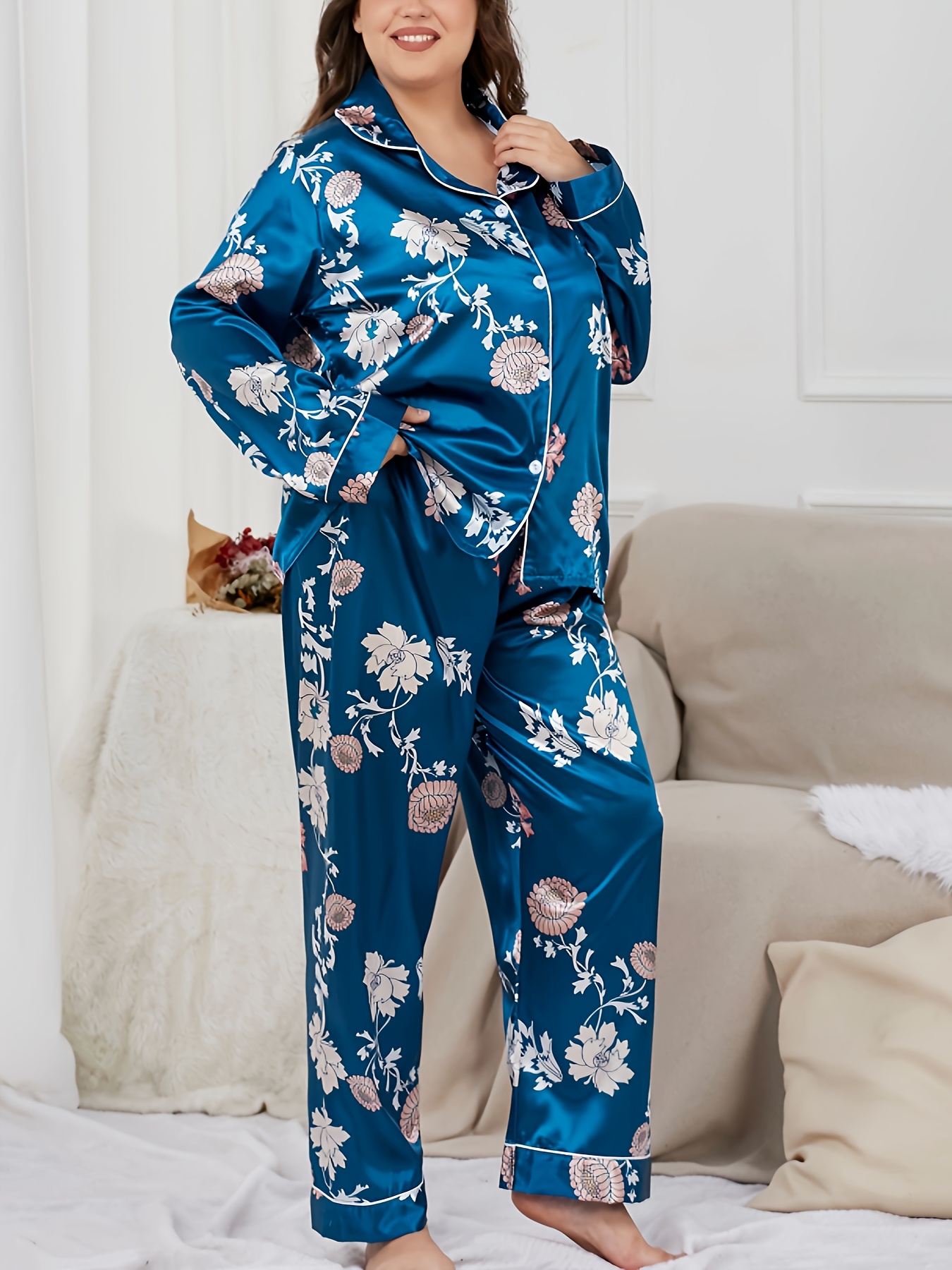 Plus Size Elegant Pajamas Set, Women's Plus Floral Print Button Up Lapel  Collar Satin Shirt & Pants Lounge 2 Piece Set