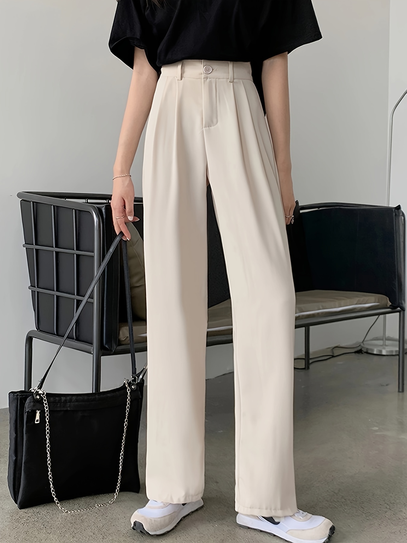 Straight Leg Pleated Trouser, High Waist Pants For Office, Every Day,  Women's Clothing
