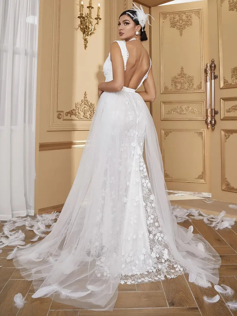 Floral Applique Mesh Splicing Tank Wedding Dress, Elegant Scallop Lace Trim  V-neck Sleeveless Dress For Wedding, Women's Clothing