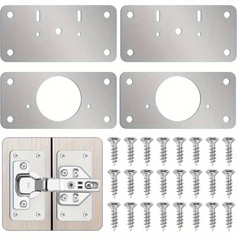 

4pcs Hinge Repair Plate Kit With Hole For Cabinet, Stainless Steel Plate Repair Brackets, Easy Installation Hinges With Mounting Screws Fixing For Kitchen Cupboard Door Locker Cabinet Door Closet Door