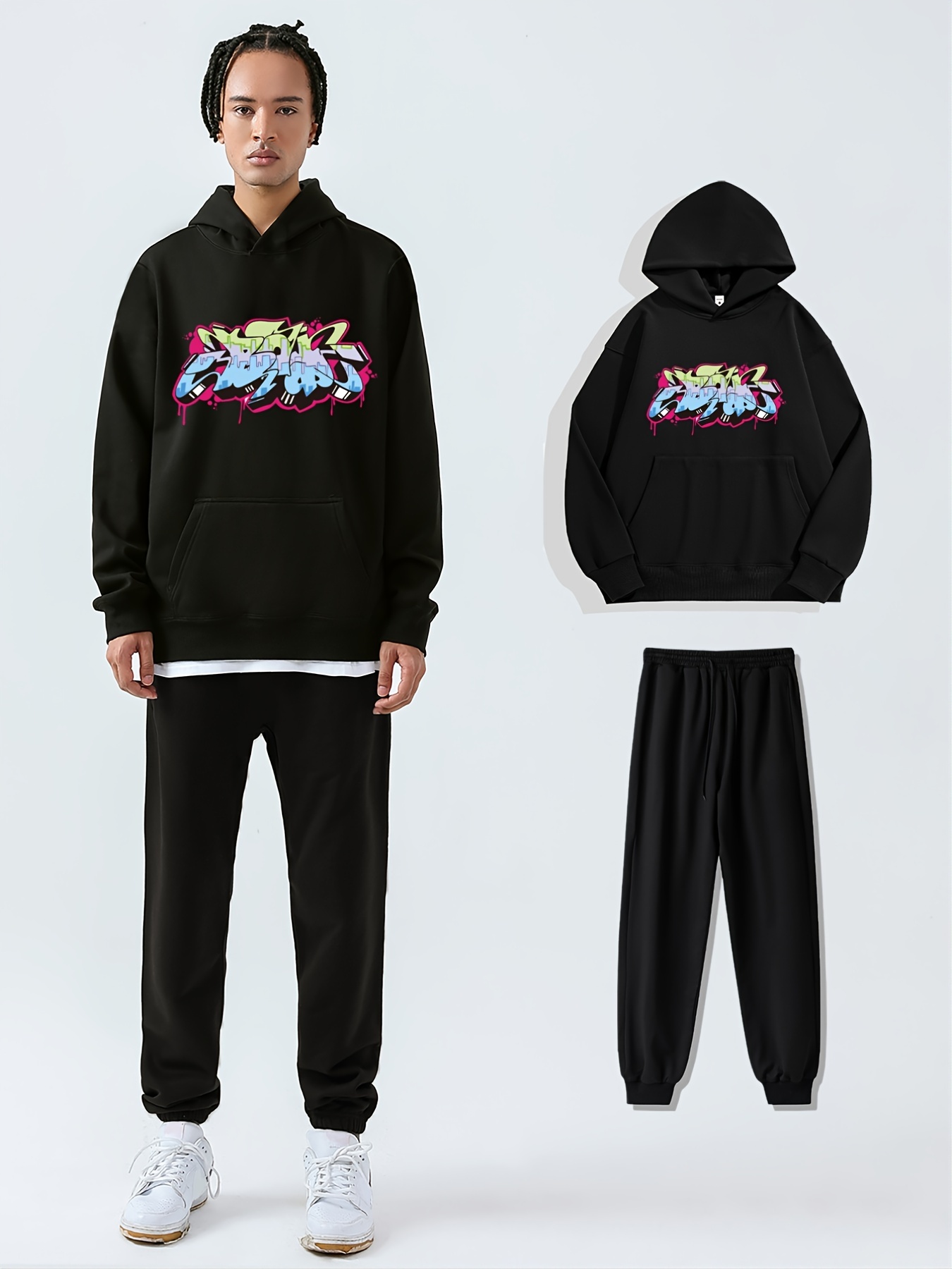 Men's Casual Warm Sweatsuits, Graphic Print Hoodie With Kangaroo Pocket &  Drawstring Sweatpants - Temu