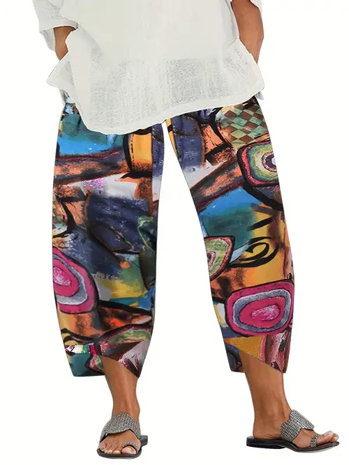 Plus Size Casual Pants Women's Plus Abstract Painting Print - Temu