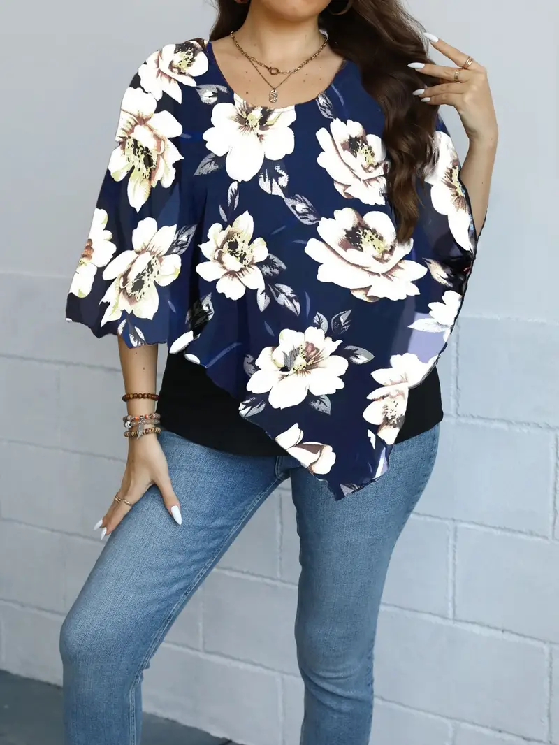plus size casual top womens plus colorblock floral print contrast mesh layered cloak design round neck blouse details 7