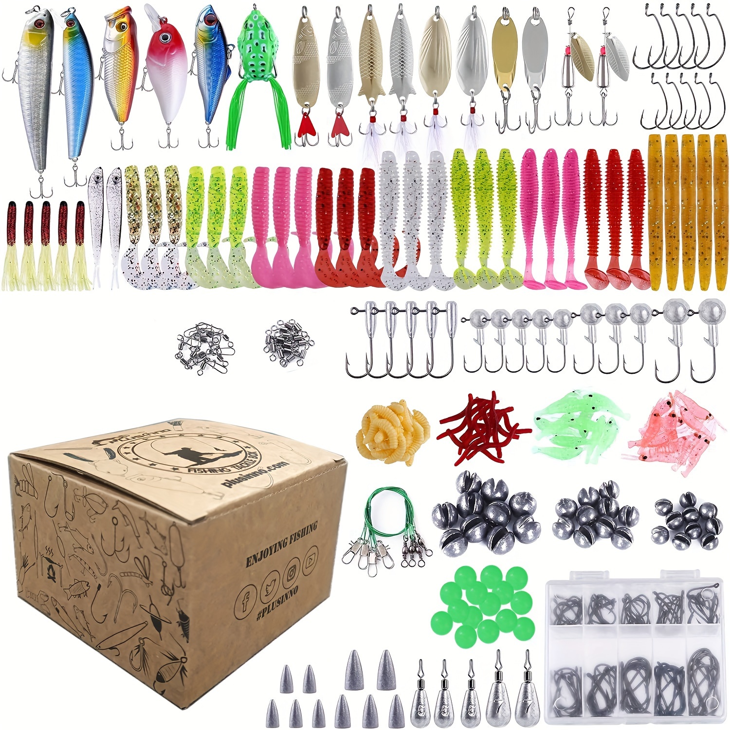PLUSINNO Fishing Lures Baits Tackle Including Crankbaits, Spinnerbaits, Plastic  Worms, Jigs, Topwater Lures, Tackle Box and More Fishing Gear Lures Kit Set,  210/189Pcs Fishing Lure Tackle 210PCS Fishing Lure