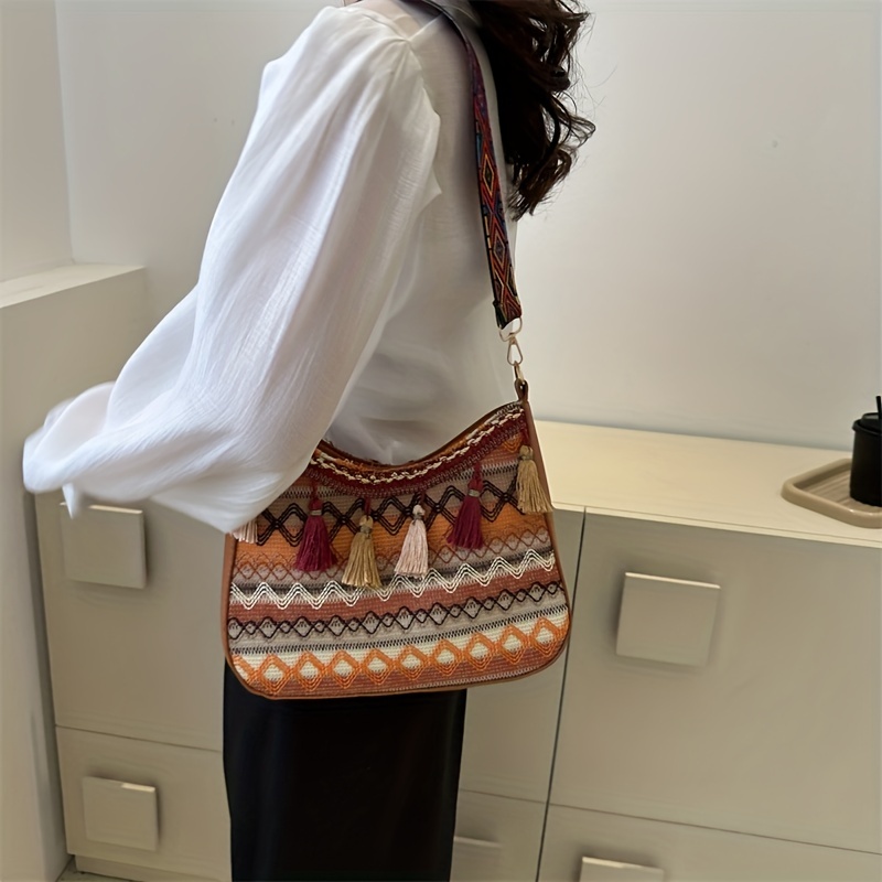 Ethnic Woven Tassel Clutch Bag, Canvas Durable Handbag, Women's