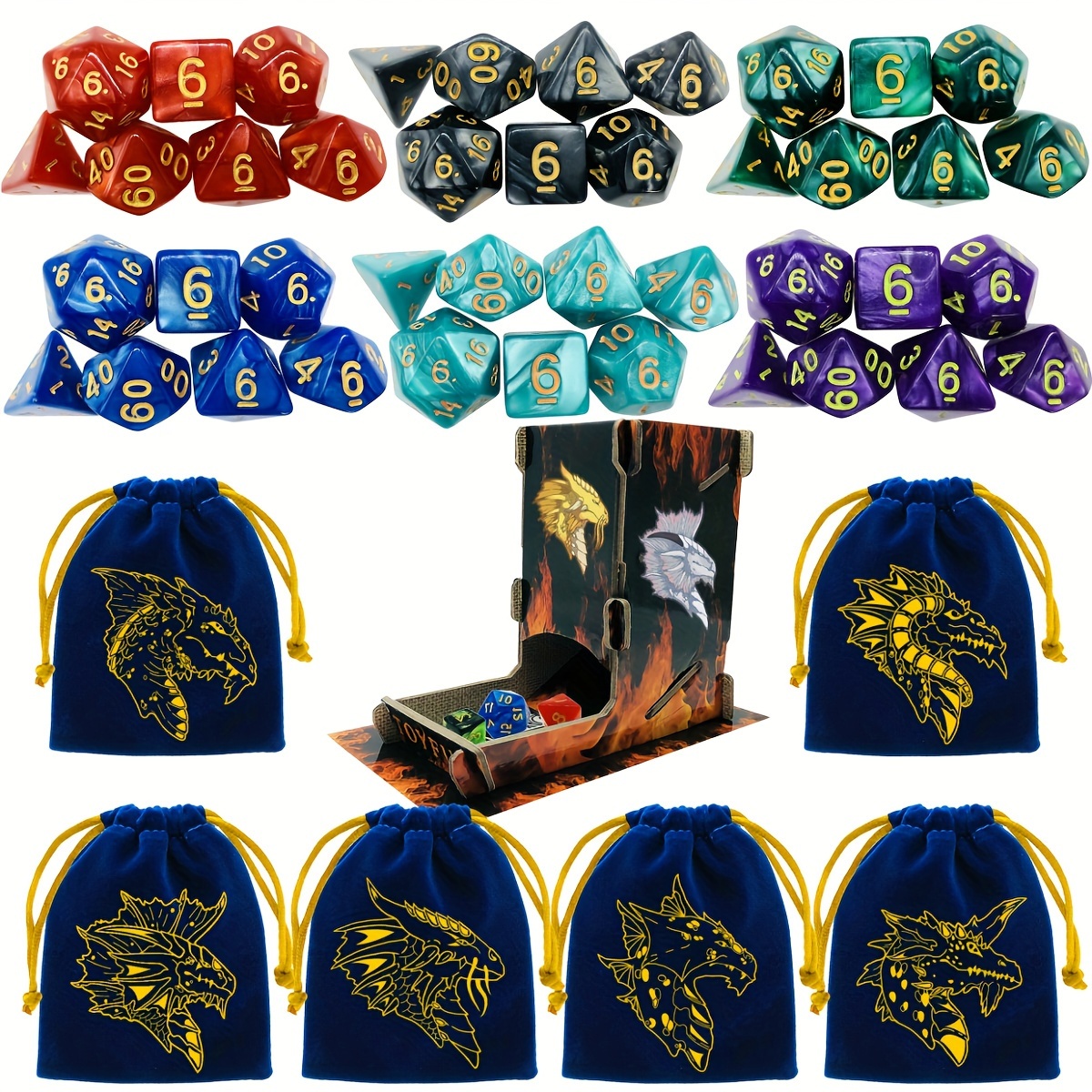 

6 Sets Polyhedral Table Game Dices Bulk With Free 6 Drawstring Bags And Dice Tower, Gaming Gift