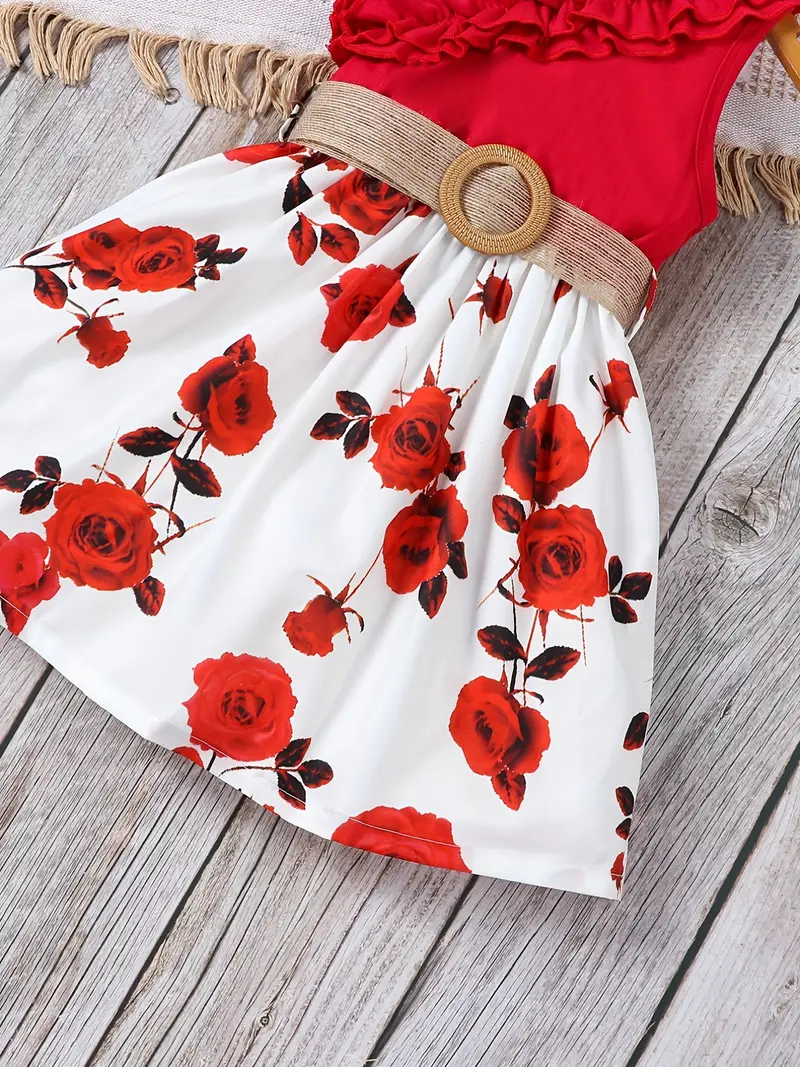 toddler girls asymmetrical neck ruffle trim one shoulder sunflower graphic belted princess dress for party beach vacation kids summer clothes details 13