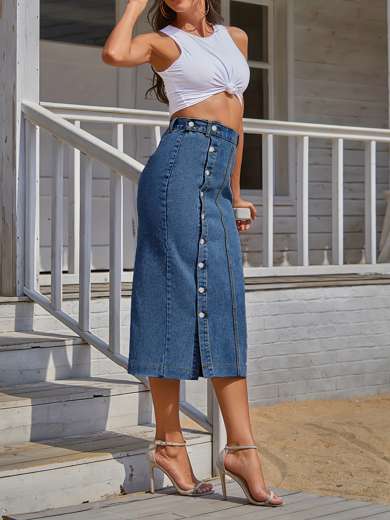 Button Denim Skirt High Waist Casual Women's Clothing