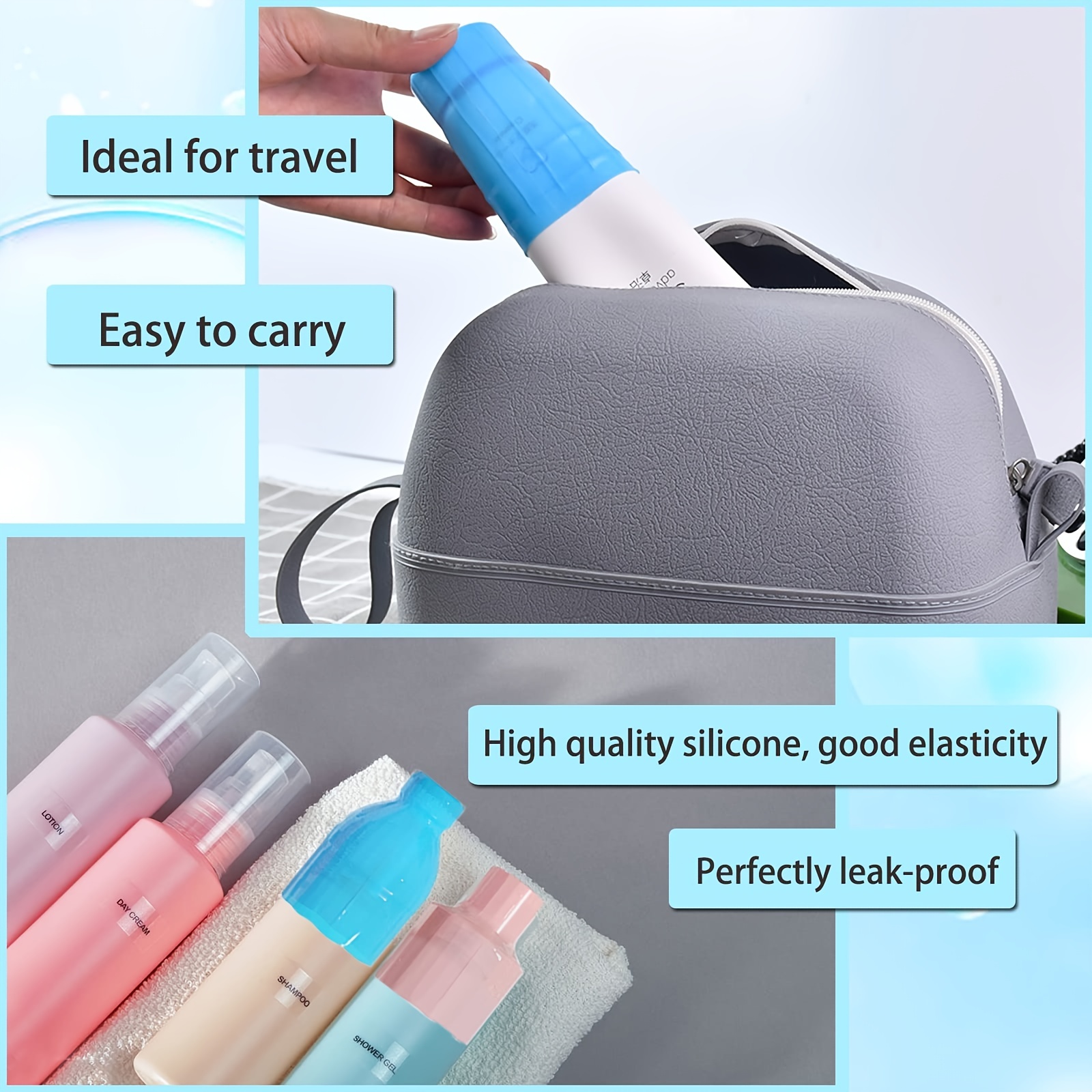 8pcs Elastic Sleeves for Leak Proofing Travel Silicone Travel Bottle Covers, Reusable Durable 4 Different Colors Easy to Clean Travel Accessories for