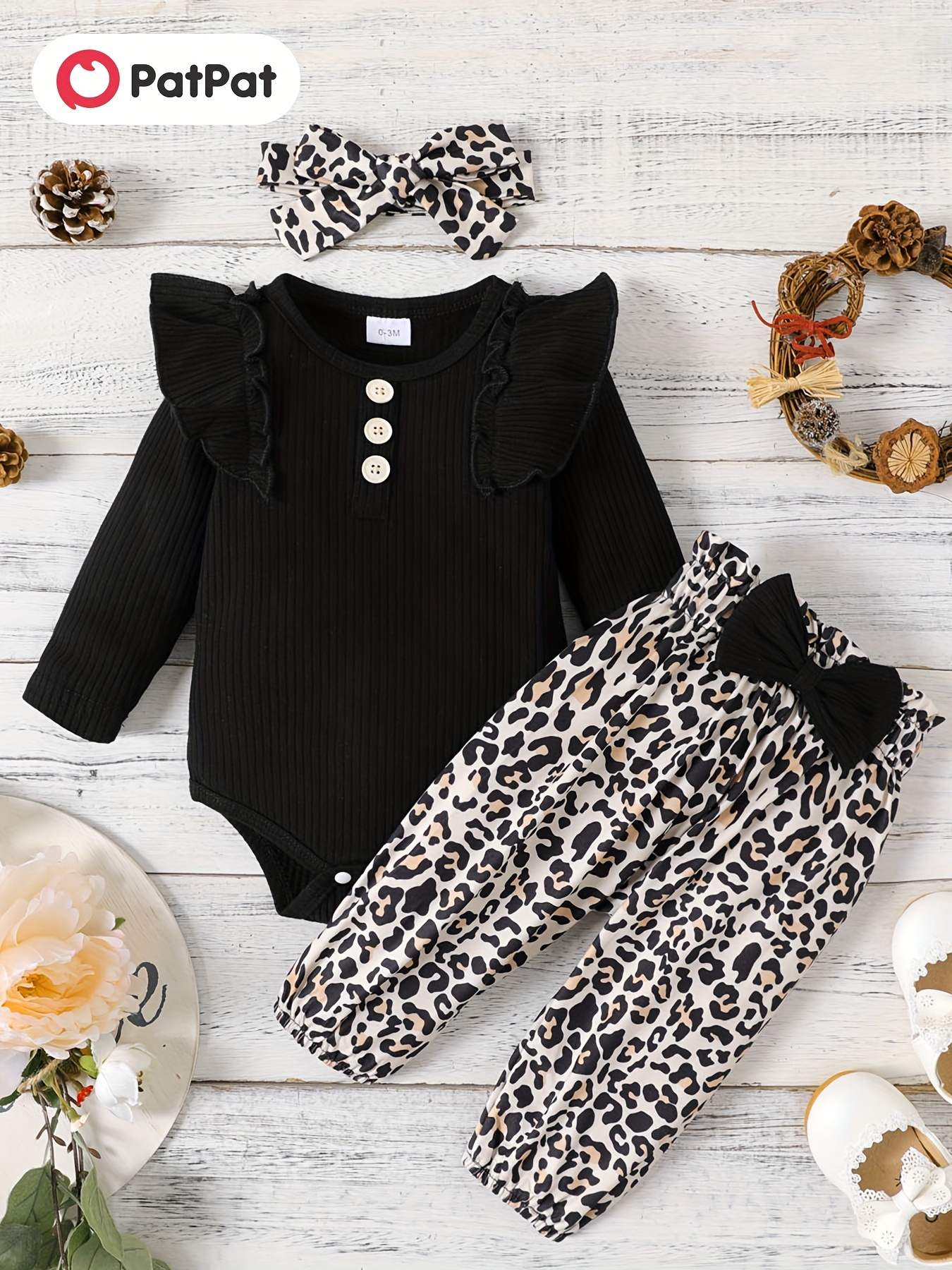 2pcs Baby Letter Embroidered Black Long-sleeve Romper and Leopard Bell Bottom Pants Set