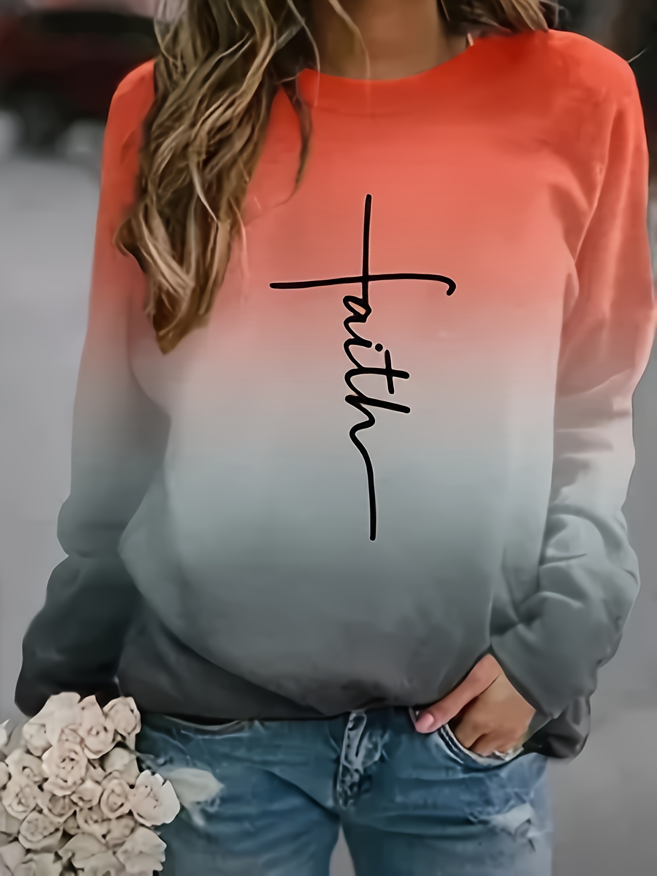 Faith Print Graphic Crew Neck T shirt Casual Long Sleeve Top - Temu