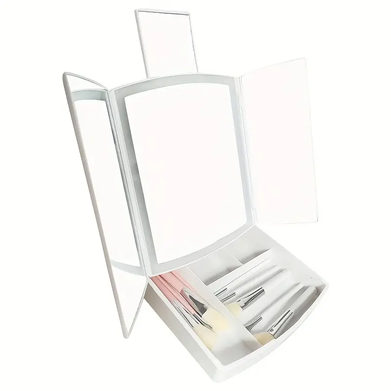 tri fold lighted makeup mirror with 4 compartments storage tray led folding makeup mirror usb model vanity mirror perfect for travel and storage details 5