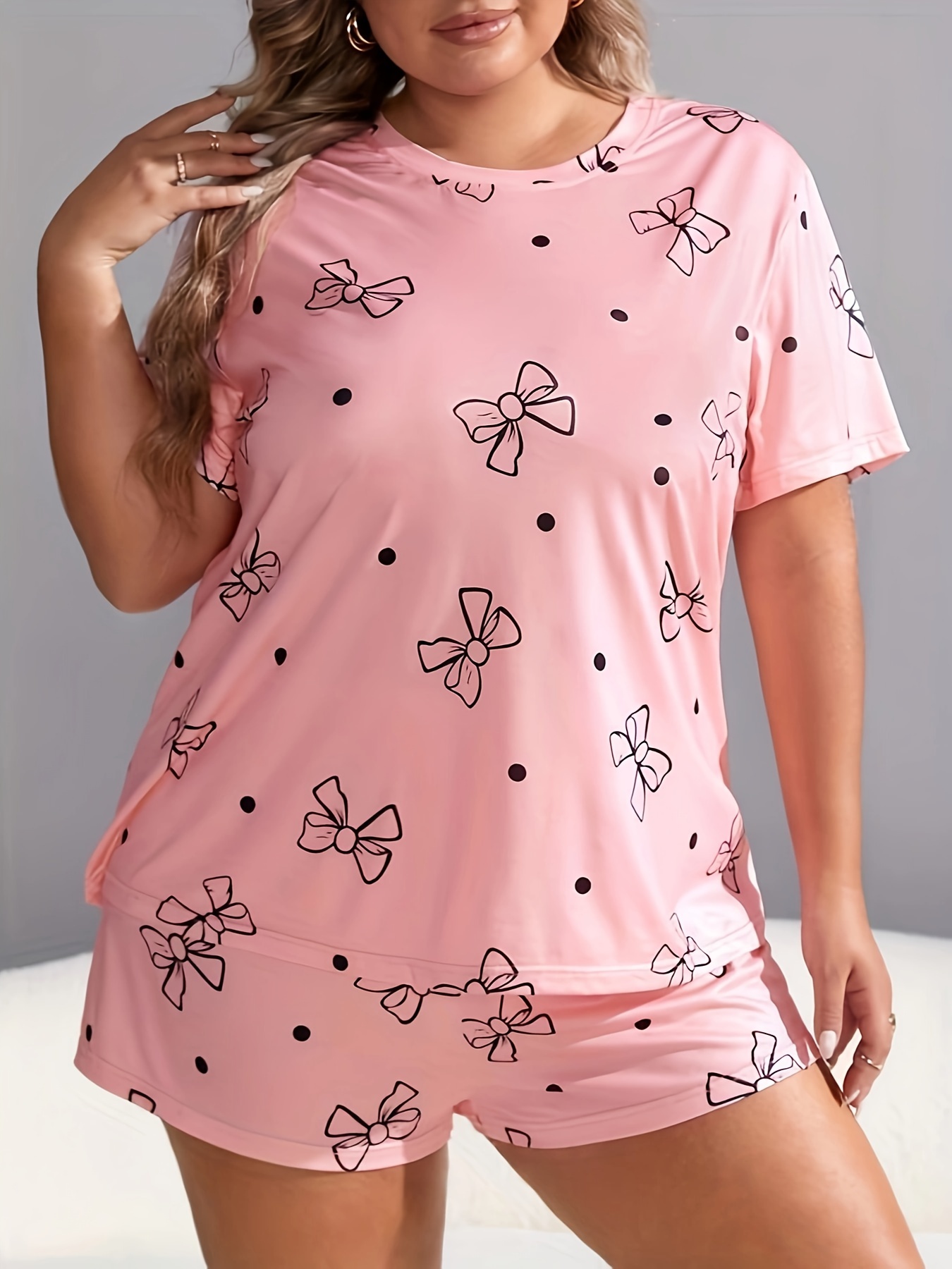 Plus Size Cute Pajama Set, Women's Plus Lemon Print Short Sleeve Button Up  Sleep Shirt & Bow Knot Shorts, Comfy Pajamas Two Piece Set