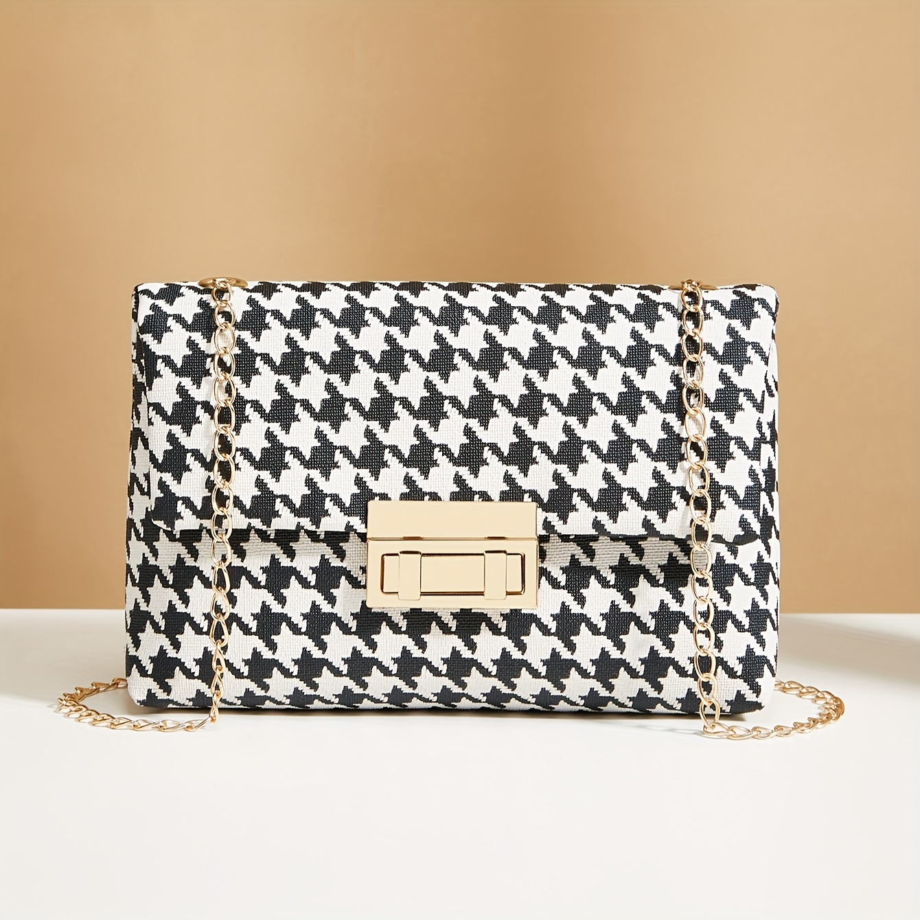 

Houndstooth Crossbody Bag, Fashion Chain Shoulder Bag, Women's Flap Square Purse With Lock