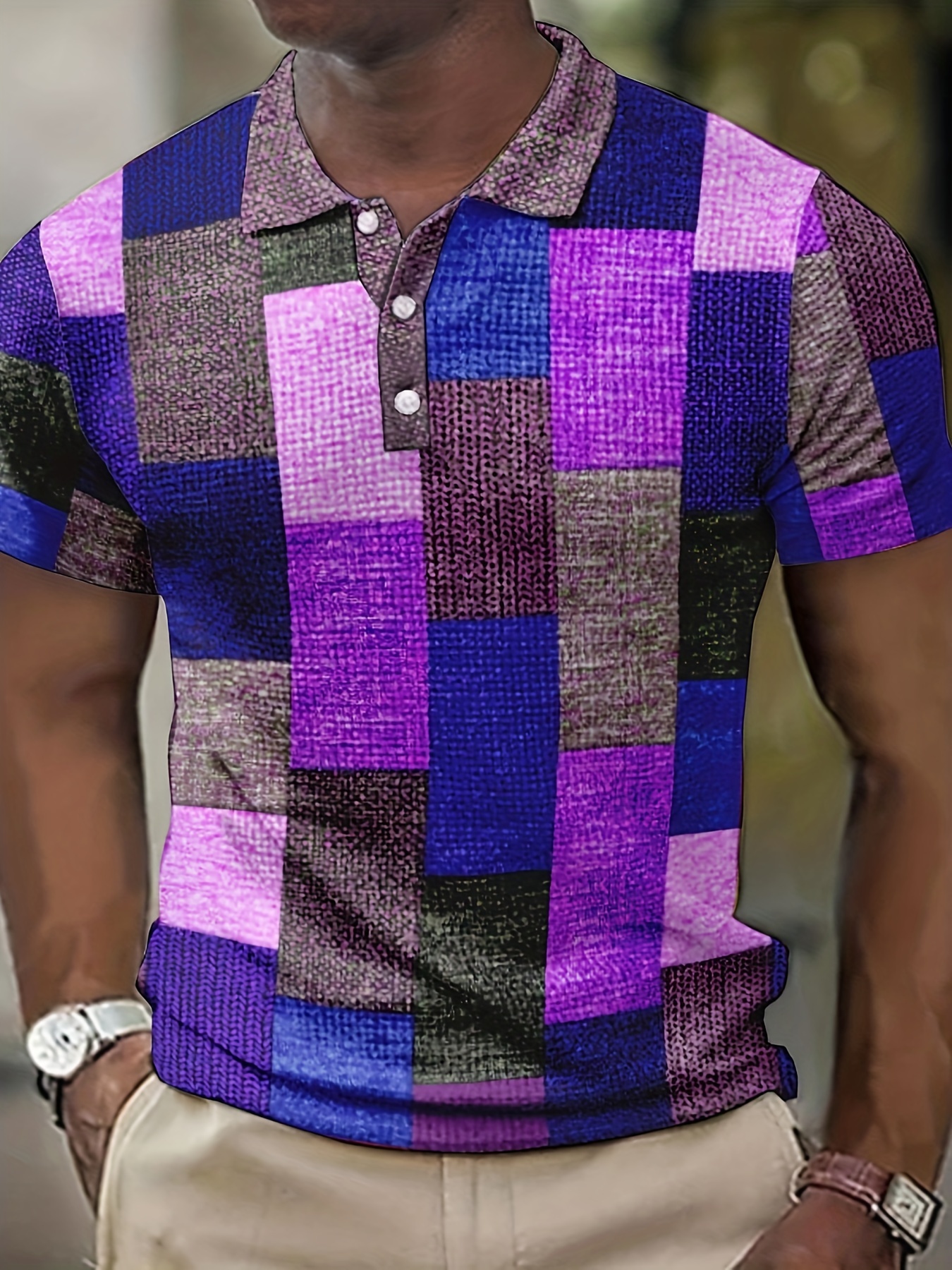 trendy plaid print mens casual button up short sleeve lightweight shirt spring fall dark purple blue   0