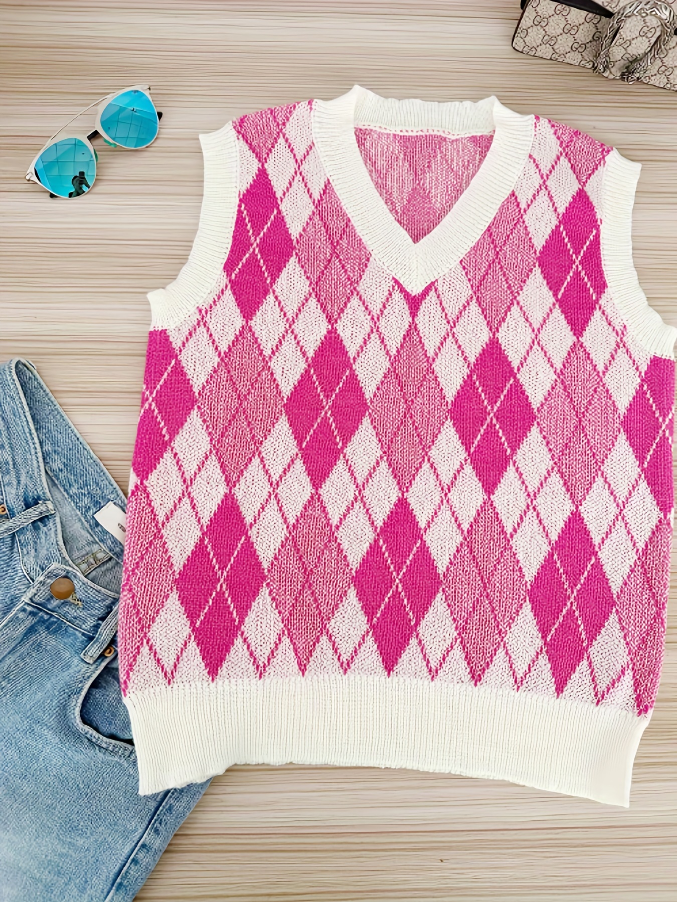 Argyle Pattern Crop Sweater Vest, Sleeveless V Neck Casual Sweater For  Spring & Fall, Women's Clothing