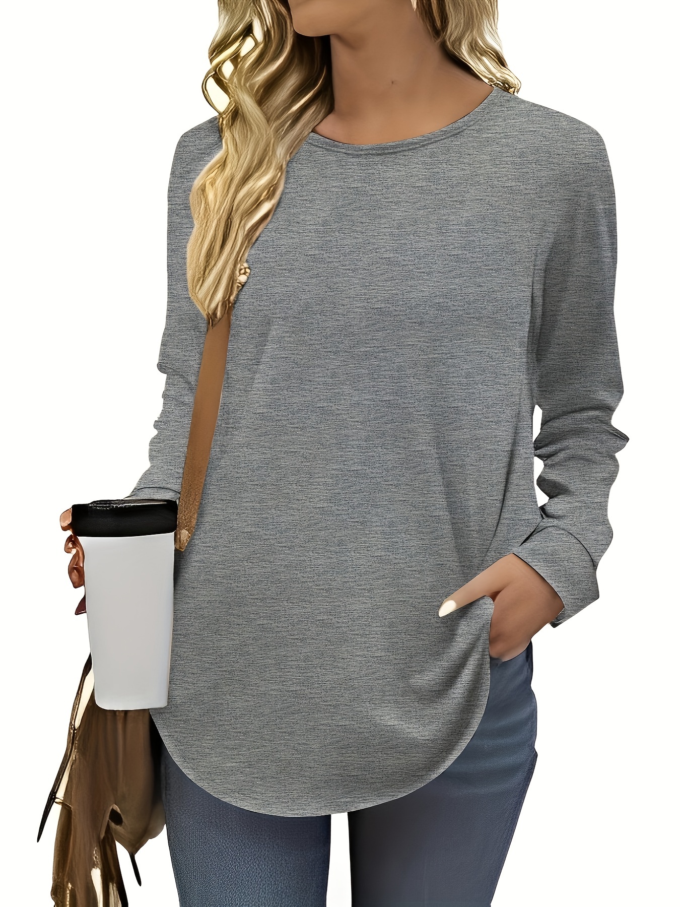 Tunic Tops for Leggings Long Sleeve Crew Neck Soft Tunic Top Curved Hem  Tshirt Women Trendy Made in USA -  Canada