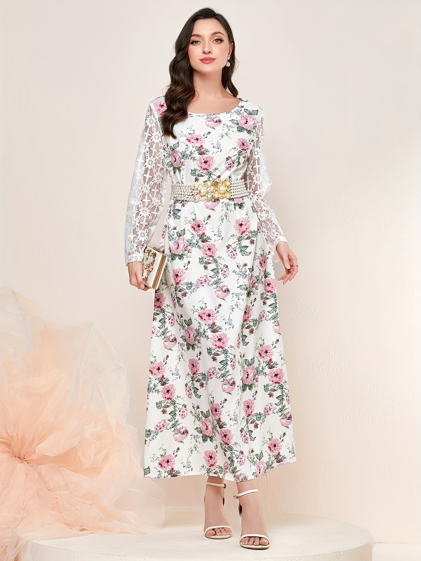 Floral Print Long Sleeve Dress Elegant Crew Neck Loose Dress - Temu