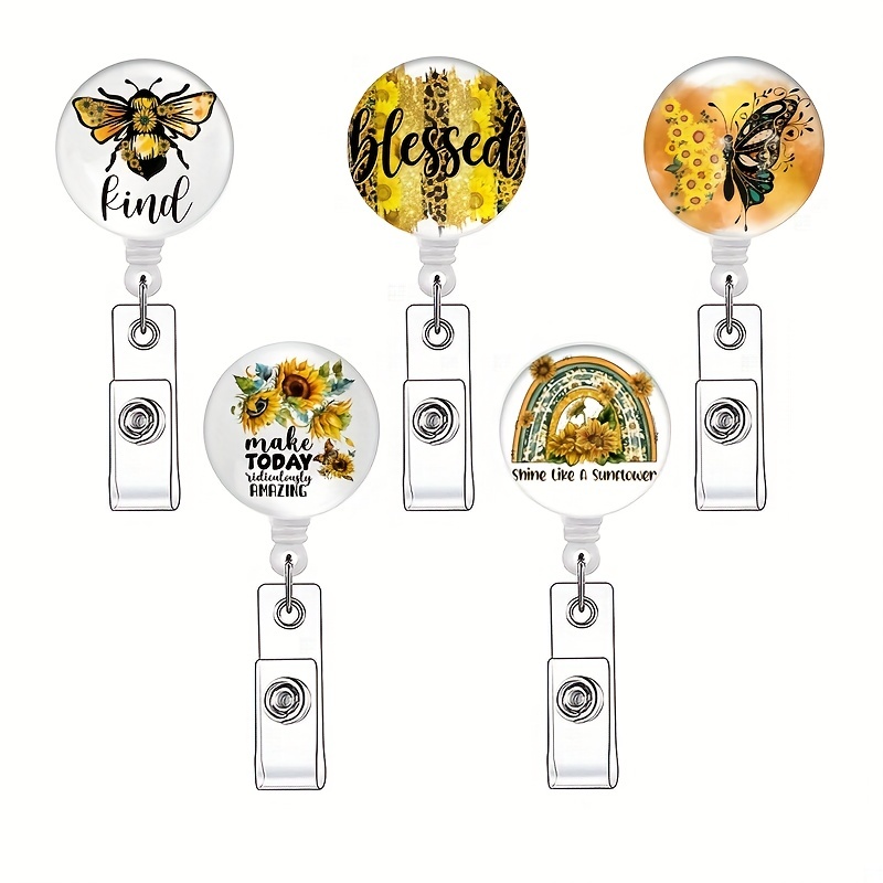Sunflower Bee Butterfly Badge Reel Retractable Badge Holder Carabiner with Clip On ID Card Holders for Office Worker Teacher Nurse Doctor Student