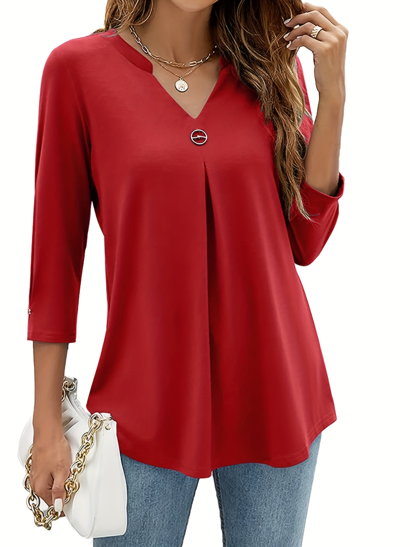 Longline Button Side Split T-shirt, Casual Long Sleeve T-shirt For Spring &  Fall, Women's Clothing - Temu Italy