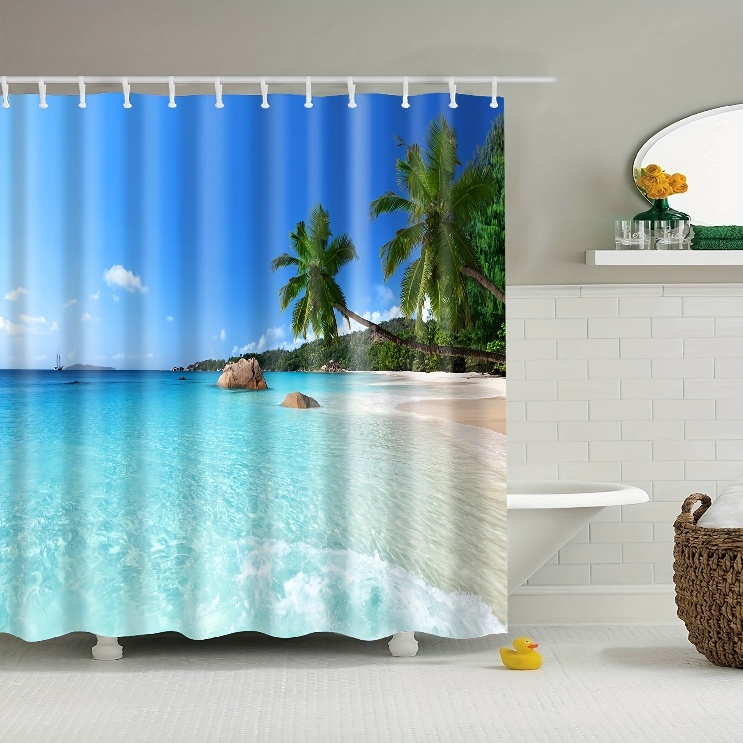 Blue Shower Curtain Beach Summer Beach Blue Sky Palm Tree - Temu