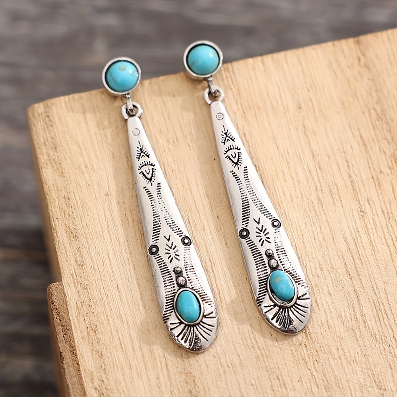 carved long teardrop shape with turquoise decor dangle earrings retro ethnic style zinc alloy silver plated jewelry female gift 0