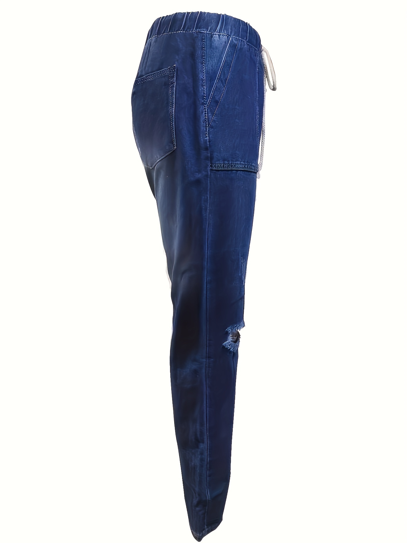 Pantalones Jogger De Cintura Elástica Azul, Pantalones Vaqueros Rectos  Desgastados Con Agujeros Rasgados Y Bolsillos Inclinados, Jeans Y Ropa De  Mujer
