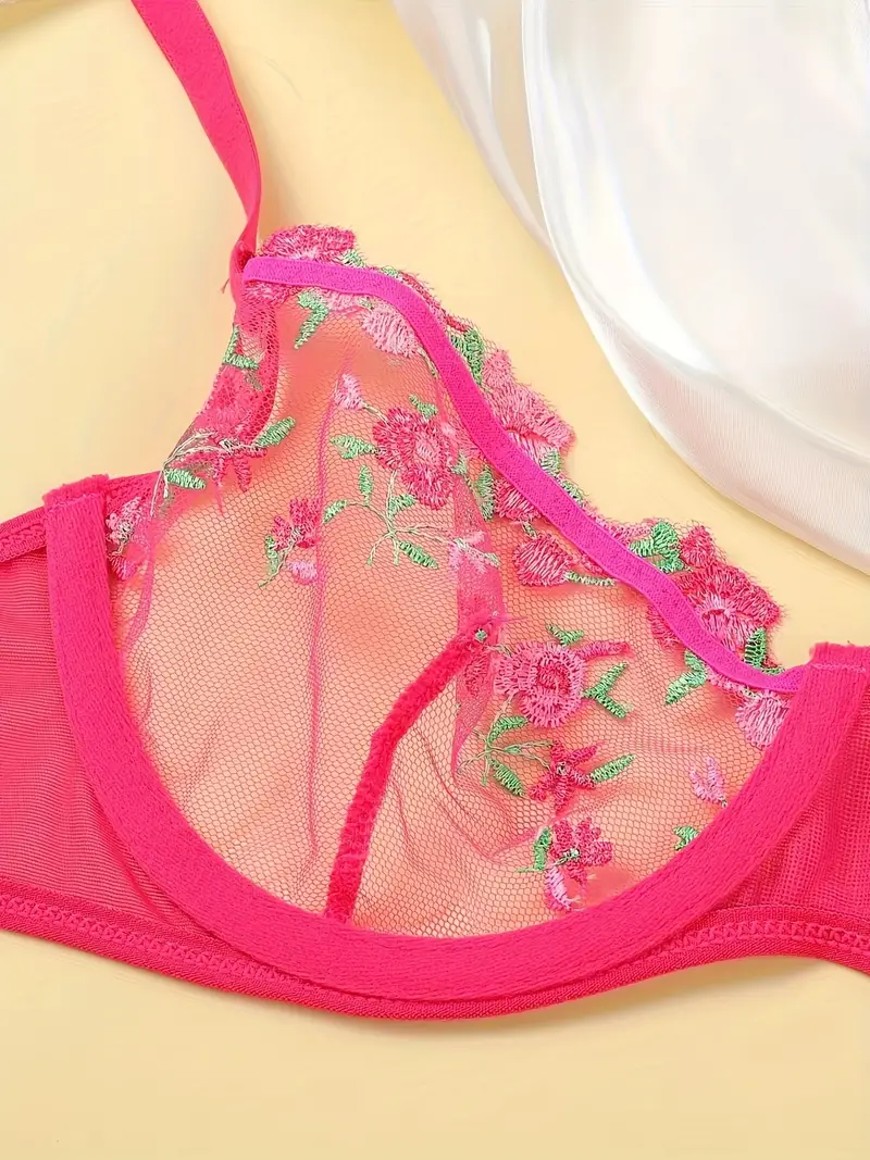 Floral Embroidery Lingerie Set Mesh Unlined Bra Thong - Temu