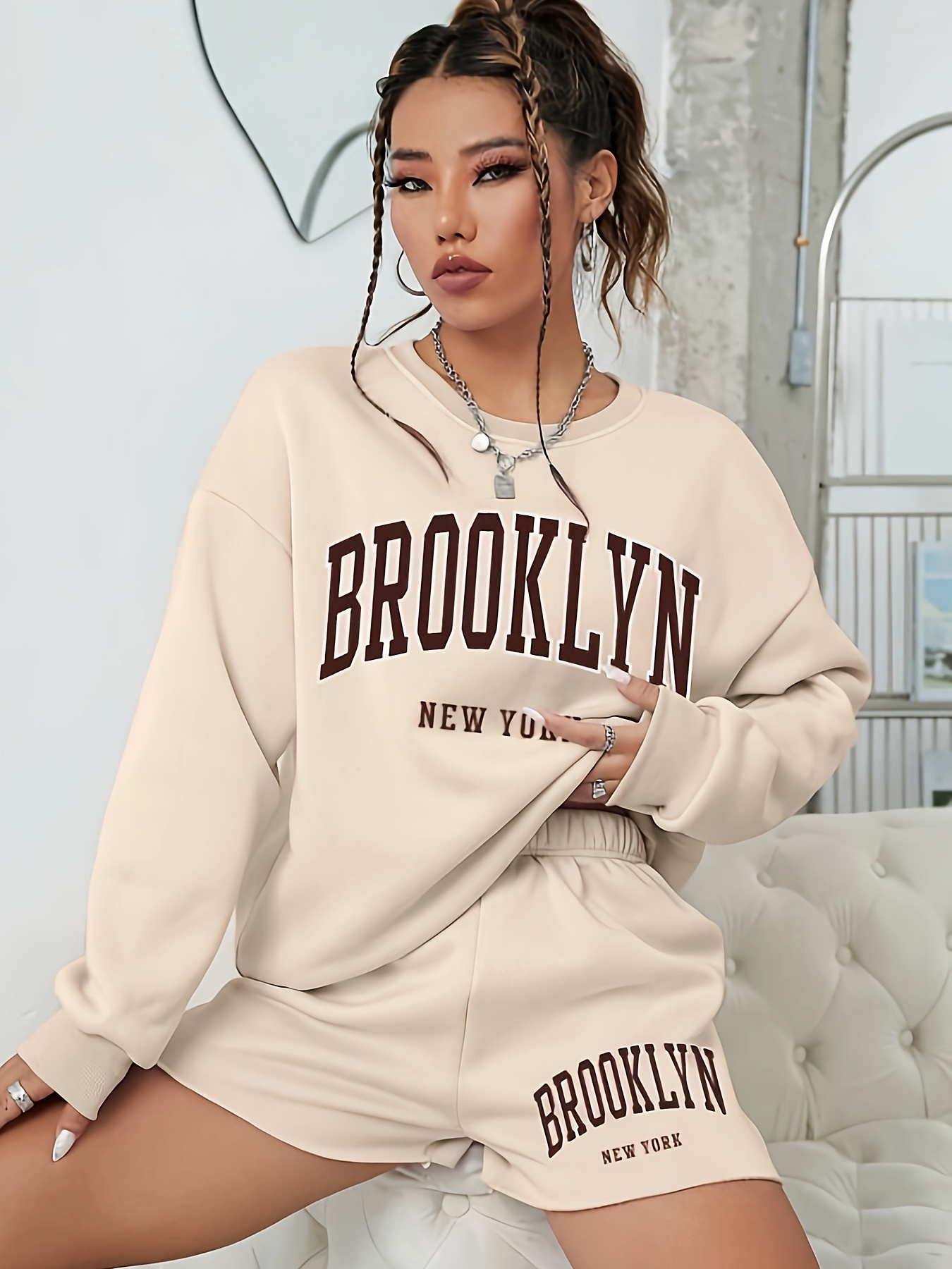 Brooklyn Letter Print Two piece Set Casual Long Sleeve - Temu