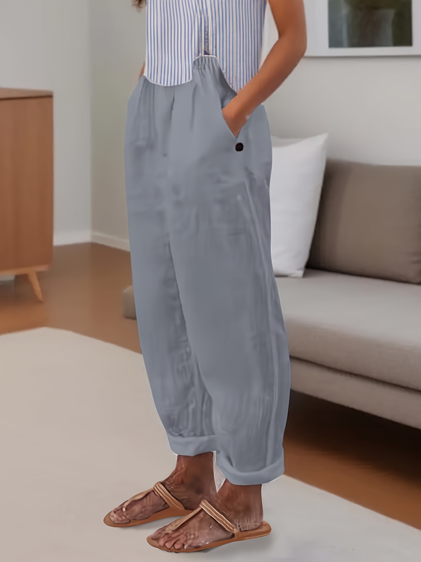 Minimalist Solid Versatile Pants, Casual Wide Leg Elastic Waist Summer  Pants, Women's Clothing