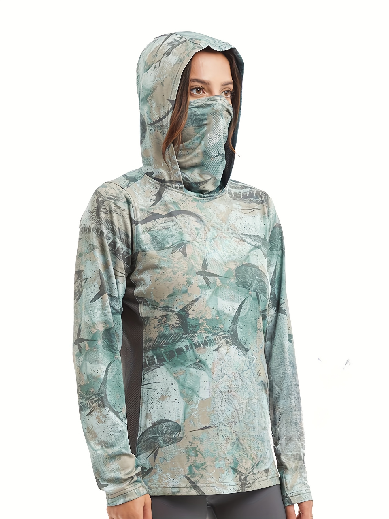 Allover Print Long Sleeve Hooded Face Cover, Buff Top for Fishing, Quick Dry UV Protection Fishing Face Mask Hooded T-Shirt, Women's Activewear,Temu