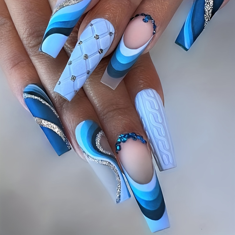 Gradient Ballerina Press On Nails With Wave And Star Designs,long Coffin  Fake Nails With Rhinestones,glossy False Nails For Women And Girls, - Temu